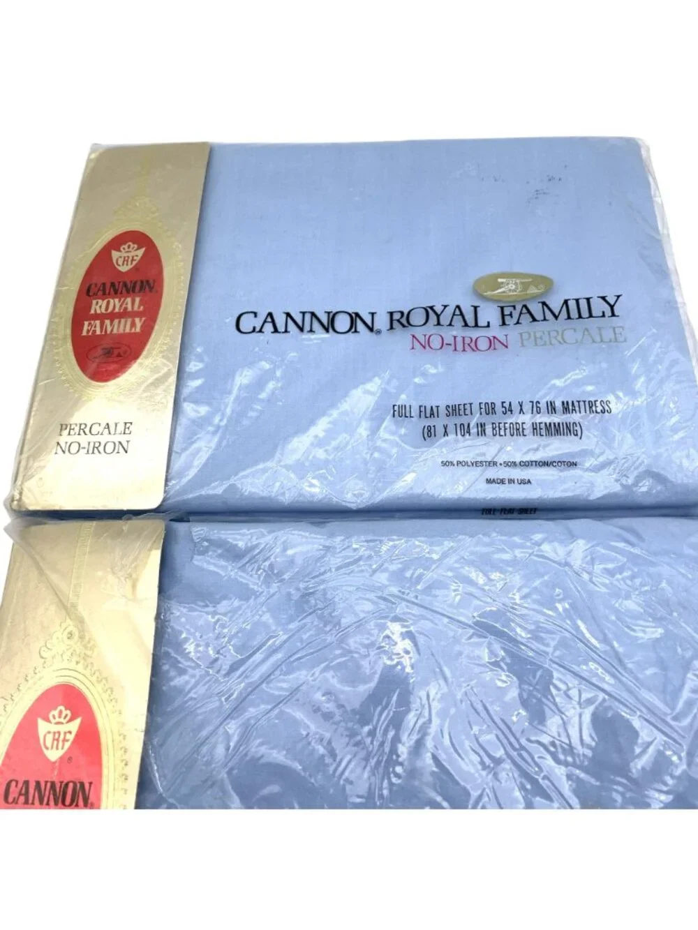 Cannon Royal Family No-Iron Percale Full Flat Fitted Sheets Blue Made In USA NOS